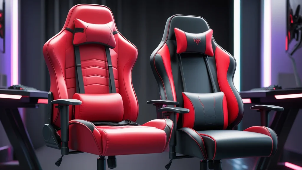 Stylish and ergonomic red and black gaming chairs.